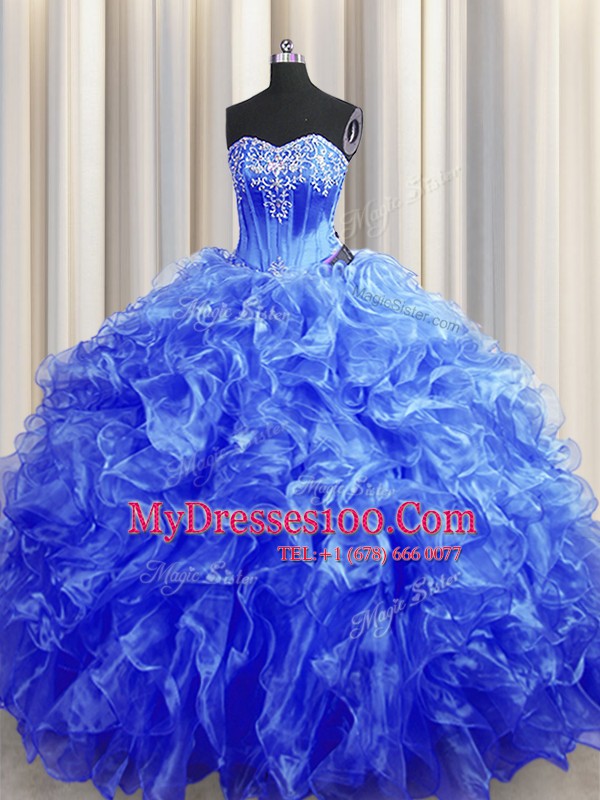 On Sale Royal Blue 15th Birthday Dress Military Ball and Sweet 16 and Quinceanera and For with Beading and Ruffles Sweetheart Sleeveless Sweep Train Lace Up