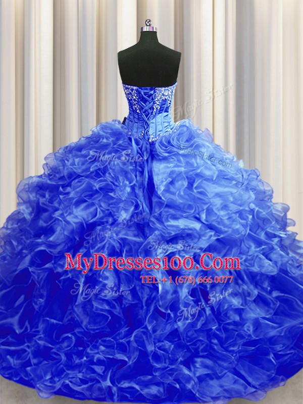 On Sale Royal Blue 15th Birthday Dress Military Ball and Sweet 16 and Quinceanera and For with Beading and Ruffles Sweetheart Sleeveless Sweep Train Lace Up