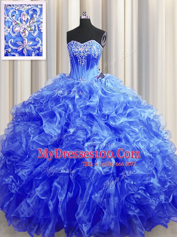 On Sale Royal Blue 15th Birthday Dress Military Ball and Sweet 16 and Quinceanera and For with Beading and Ruffles Sweetheart Sleeveless Sweep Train Lace Up