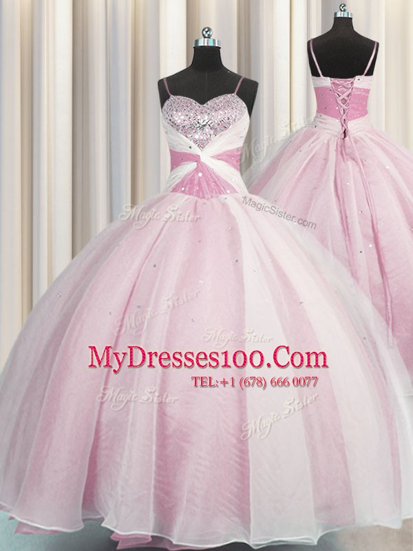Chic Spaghetti Straps Sleeveless Floor Length Beading and Ruching Lace Up Quinceanera Gowns with Rose Pink