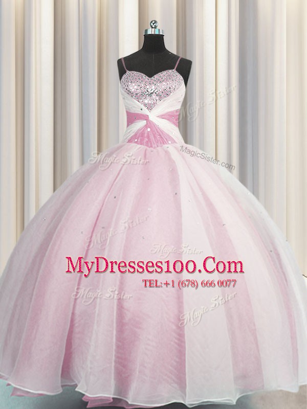 Chic Spaghetti Straps Sleeveless Floor Length Beading and Ruching Lace Up Quinceanera Gowns with Rose Pink