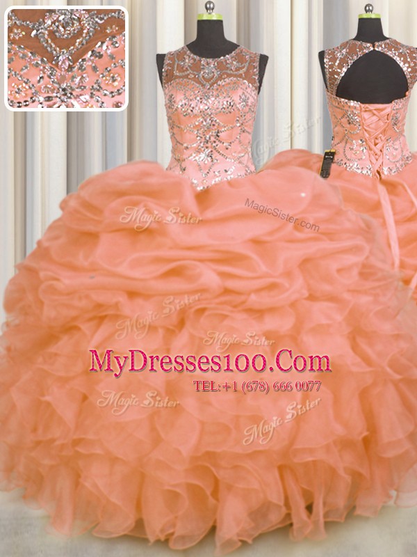 See Through Sleeveless Organza Floor Length Lace Up Quinceanera Dress in Orange with Beading and Ruffles and Pick Ups