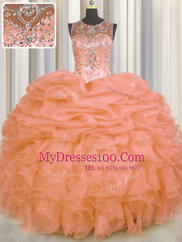 See Through Sleeveless Organza Floor Length Lace Up Quinceanera Dress in Orange with Beading and Ruffles and Pick Ups