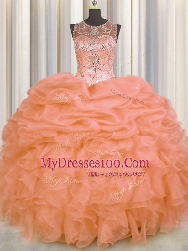 See Through Sleeveless Organza Floor Length Lace Up Quinceanera Dress in Orange with Beading and Ruffles and Pick Ups