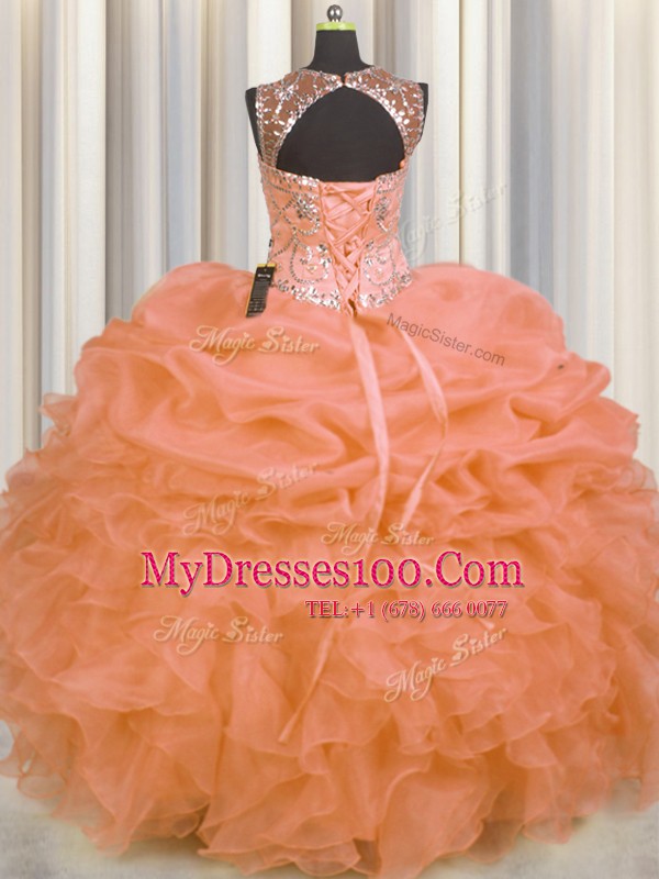 See Through Sleeveless Organza Floor Length Lace Up Quinceanera Dress in Orange with Beading and Ruffles and Pick Ups