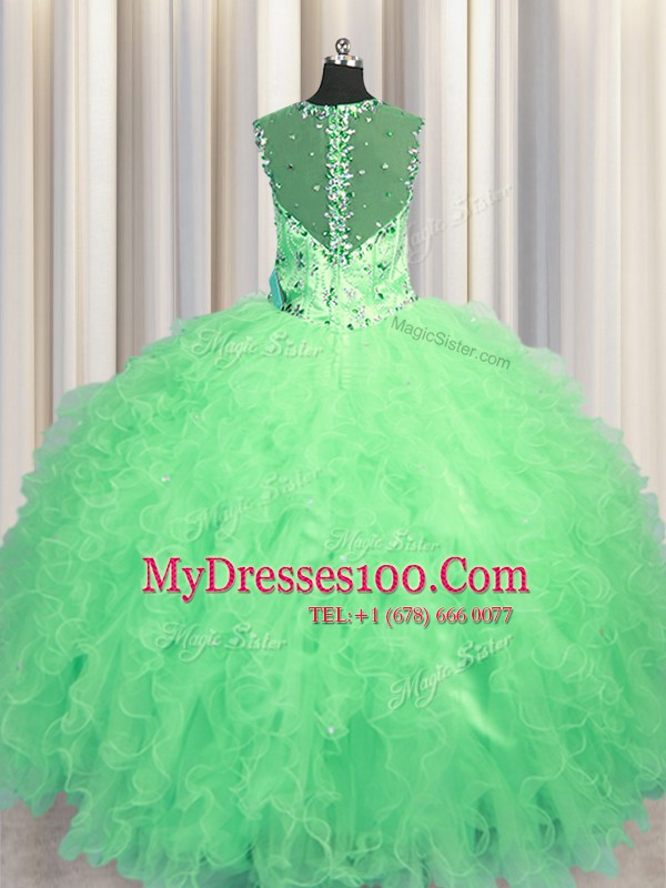 Glorious See Through Zipper Up Apple Green Zipper Straps Beading and Ruffles Quinceanera Gowns Tulle Sleeveless