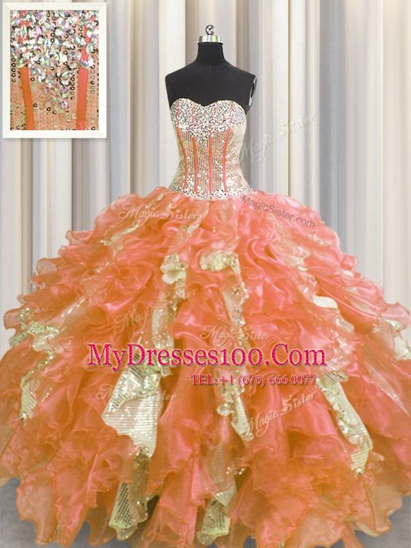 Visible Boning Organza and Sequined Sweetheart Sleeveless Lace Up Beading and Ruffles and Sequins Quinceanera Dresses in Multi-color