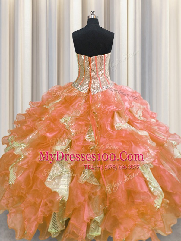 Visible Boning Organza and Sequined Sweetheart Sleeveless Lace Up Beading and Ruffles and Sequins Quinceanera Dresses in Multi-color