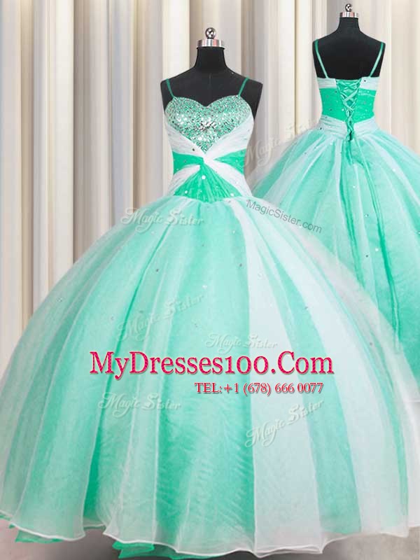 Fashionable Floor Length Apple Green Quinceanera Dresses Spaghetti Straps Sleeveless Lace Up
