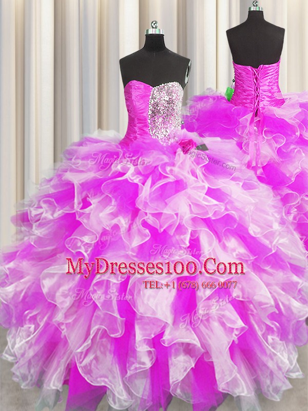 Glorious Multi-color Ball Gowns Sweetheart Sleeveless Organza Floor Length Lace Up Beading and Ruffles and Ruching Quinceanera Gown
