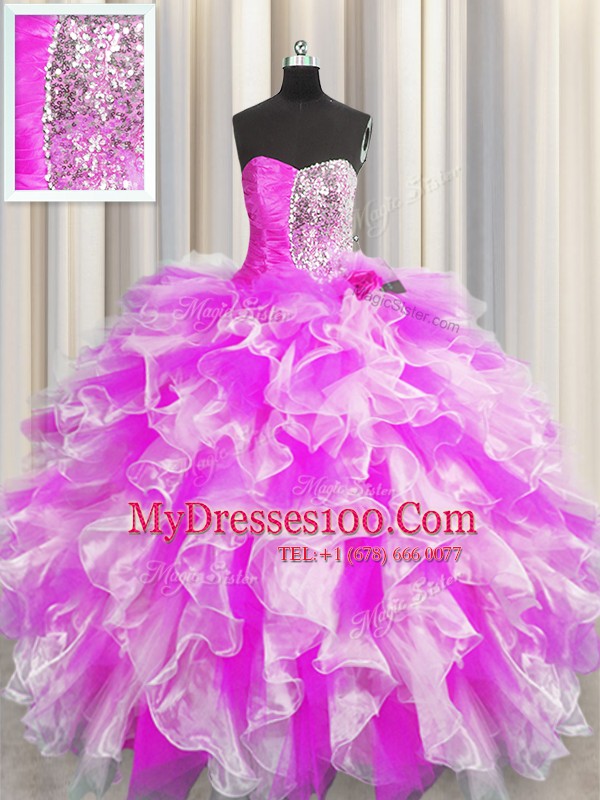 Glorious Multi-color Ball Gowns Sweetheart Sleeveless Organza Floor Length Lace Up Beading and Ruffles and Ruching Quinceanera Gown