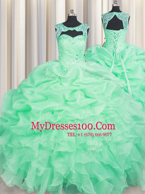 Cute Scoop Apple Green Ball Gowns Beading and Pick Ups 15th Birthday Dress Lace Up Organza Sleeveless Floor Length