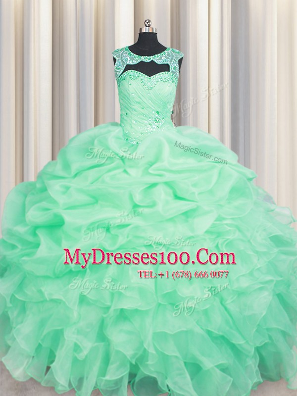 Cute Scoop Apple Green Ball Gowns Beading and Pick Ups 15th Birthday Dress Lace Up Organza Sleeveless Floor Length