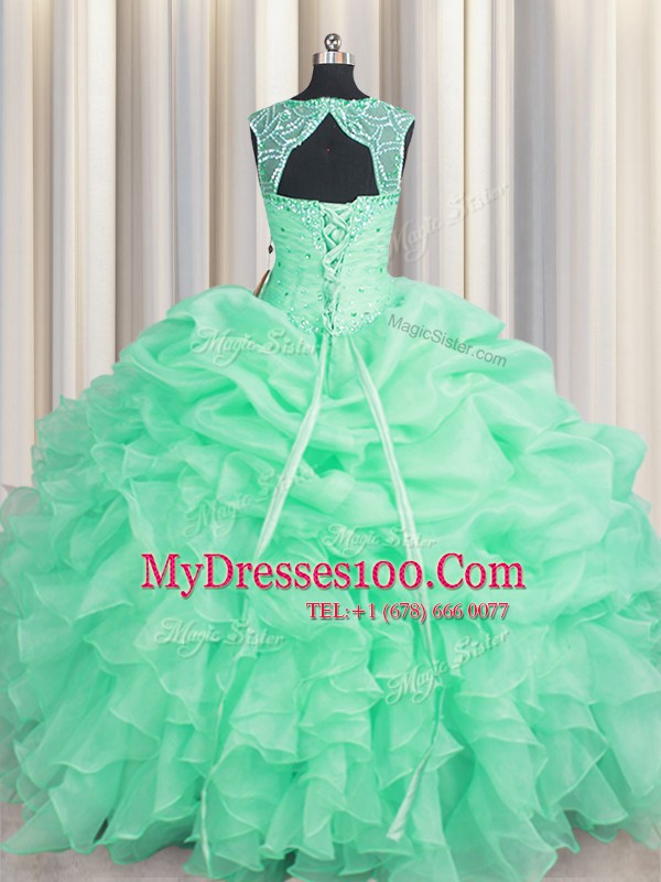 Cute Scoop Apple Green Ball Gowns Beading and Pick Ups 15th Birthday Dress Lace Up Organza Sleeveless Floor Length
