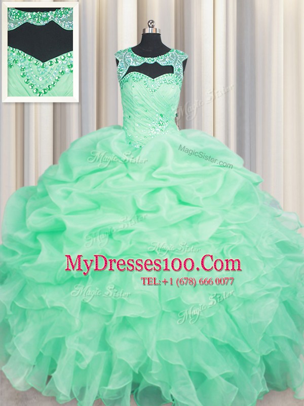 Cute Scoop Apple Green Ball Gowns Beading and Pick Ups 15th Birthday Dress Lace Up Organza Sleeveless Floor Length
