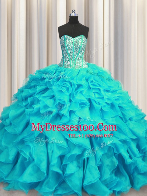 Shining Visible Boning Lace Up 15th Birthday Dress Aqua Blue for Military Ball and Sweet 16 and Quinceanera with Beading and Ruffles Brush Train