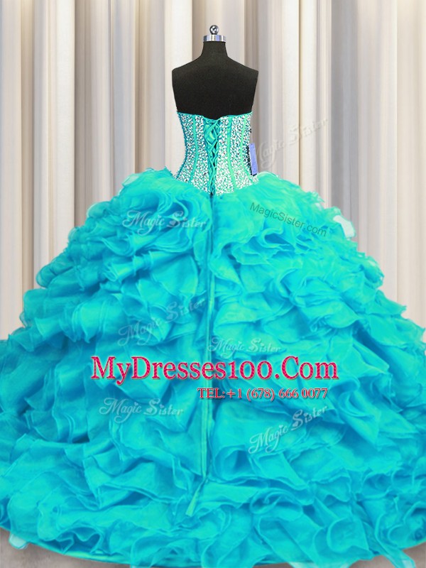 Shining Visible Boning Lace Up 15th Birthday Dress Aqua Blue for Military Ball and Sweet 16 and Quinceanera with Beading and Ruffles Brush Train