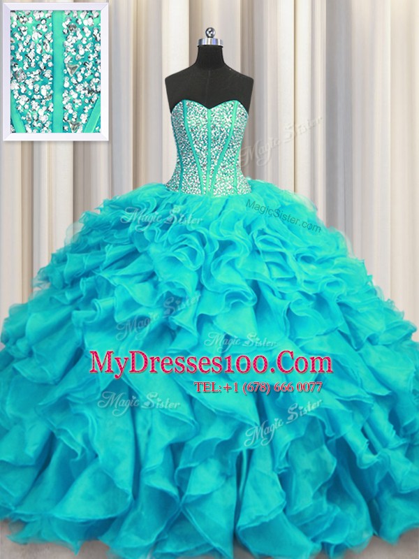 Shining Visible Boning Lace Up 15th Birthday Dress Aqua Blue for Military Ball and Sweet 16 and Quinceanera with Beading and Ruffles Brush Train