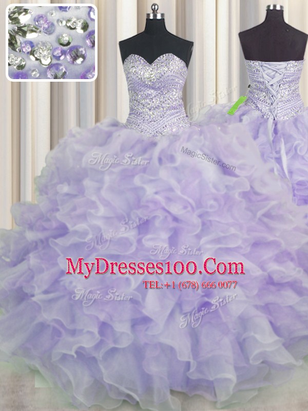 Lavender Sweetheart Lace Up Beading and Ruffles Sweet 16 Quinceanera Dress Sleeveless
