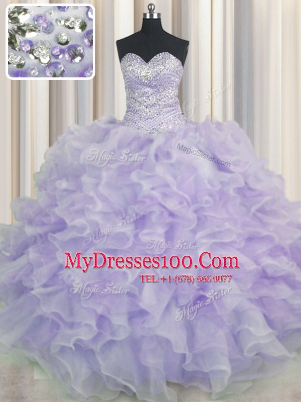 Lavender Sweetheart Lace Up Beading and Ruffles Sweet 16 Quinceanera Dress Sleeveless