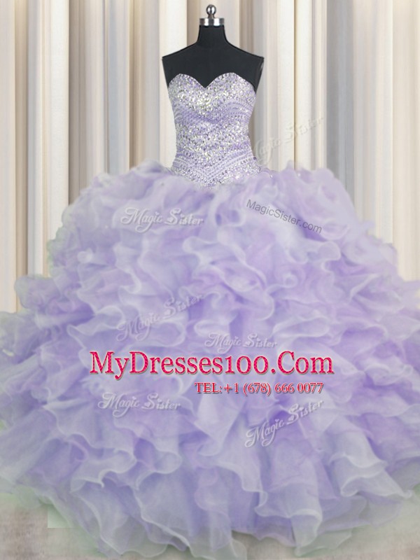 Lavender Sweetheart Lace Up Beading and Ruffles Sweet 16 Quinceanera Dress Sleeveless