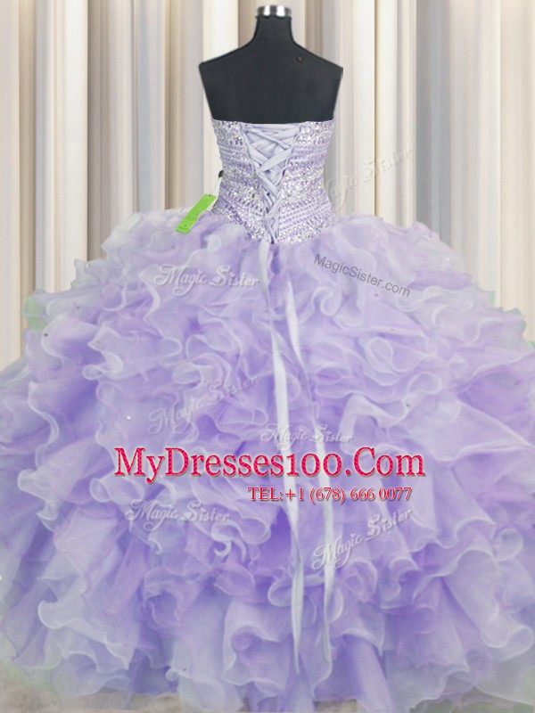 Lavender Sweetheart Lace Up Beading and Ruffles Sweet 16 Quinceanera Dress Sleeveless