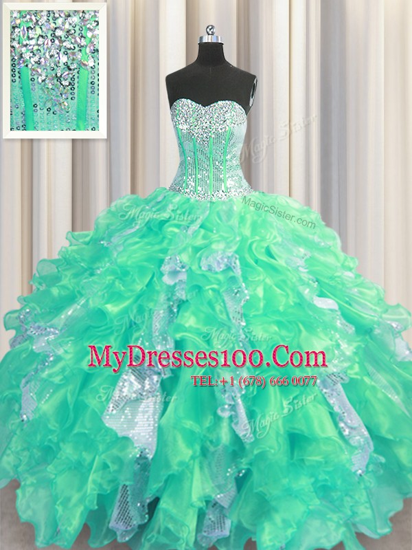 Perfect Sleeveless Beading and Ruffles and Sequins Lace Up Quinceanera Gown