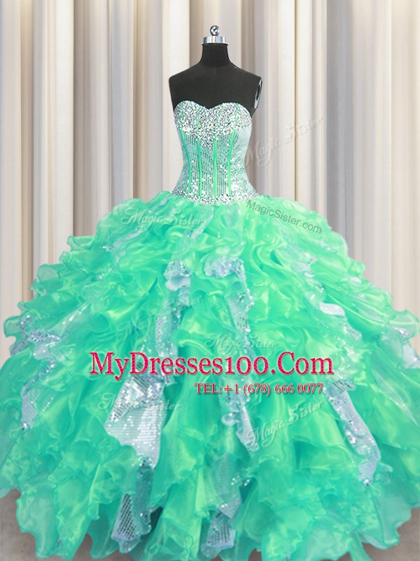 Perfect Sleeveless Beading and Ruffles and Sequins Lace Up Quinceanera Gown