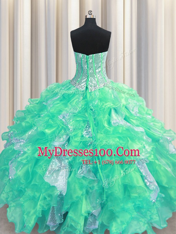 Perfect Sleeveless Beading and Ruffles and Sequins Lace Up Quinceanera Gown