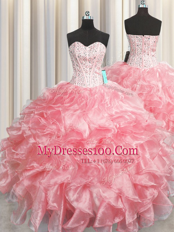Classical Visible Boning Zipper Up Baby Pink Zipper Sweet 16 Quinceanera Dress Beading and Ruffles Sleeveless Floor Length