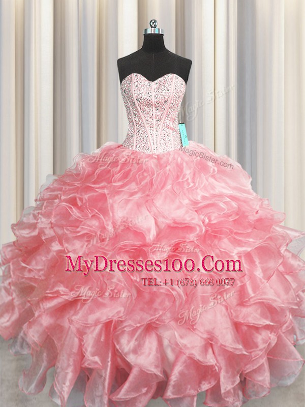 Classical Visible Boning Zipper Up Baby Pink Zipper Sweet 16 Quinceanera Dress Beading and Ruffles Sleeveless Floor Length
