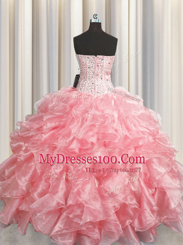 Classical Visible Boning Zipper Up Baby Pink Zipper Sweet 16 Quinceanera Dress Beading and Ruffles Sleeveless Floor Length