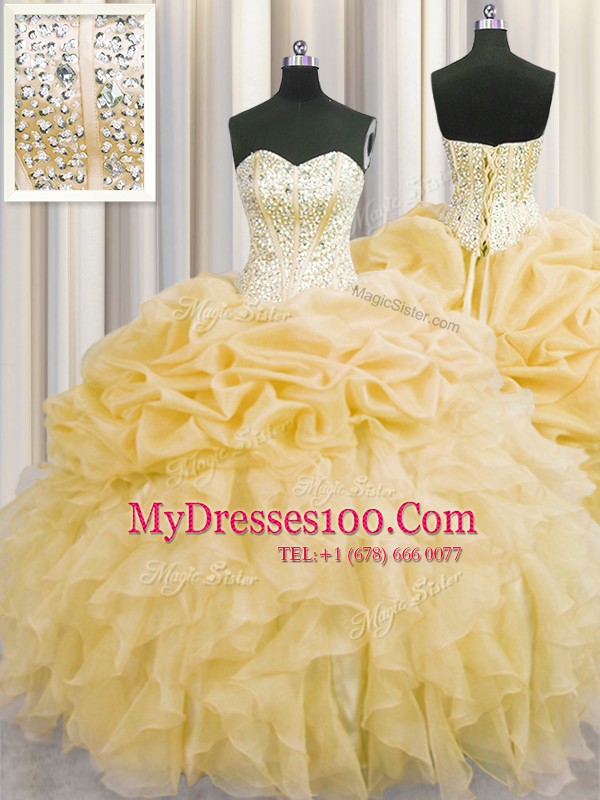 Visible Boning Sweetheart Sleeveless Lace Up 15th Birthday Dress Gold Organza