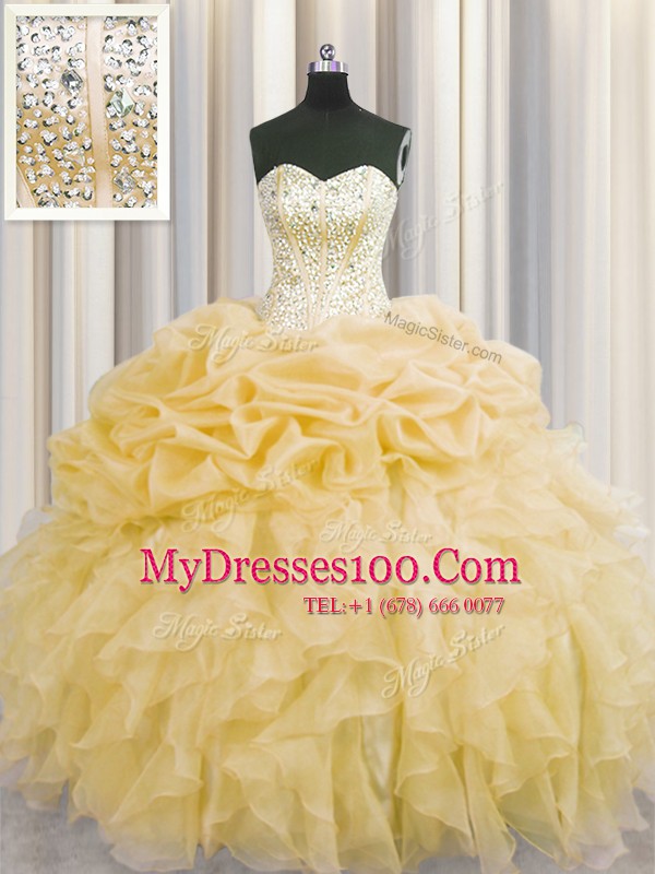 Visible Boning Sweetheart Sleeveless Lace Up 15th Birthday Dress Gold Organza