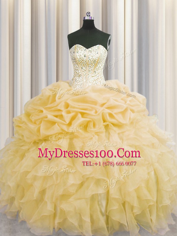 Visible Boning Sweetheart Sleeveless Lace Up 15th Birthday Dress Gold Organza