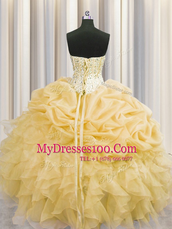 Visible Boning Sweetheart Sleeveless Lace Up 15th Birthday Dress Gold Organza