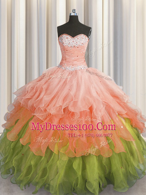 Sophisticated Sleeveless Beading and Ruffles and Ruffled Layers and Sequins Lace Up Quince Ball Gowns