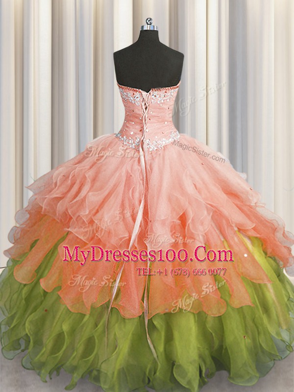 Sophisticated Sleeveless Beading and Ruffles and Ruffled Layers and Sequins Lace Up Quince Ball Gowns