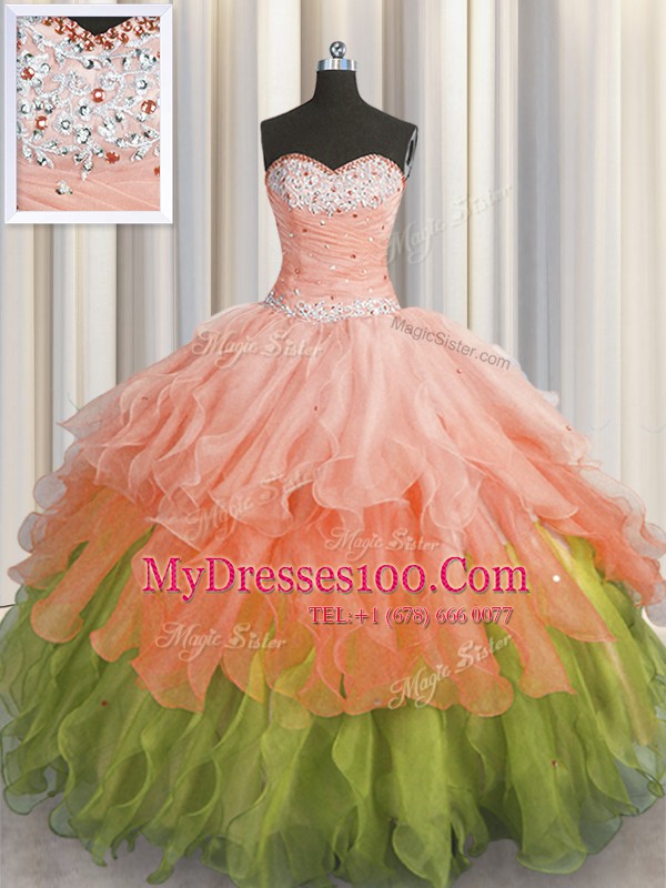Sophisticated Sleeveless Beading and Ruffles and Ruffled Layers and Sequins Lace Up Quince Ball Gowns