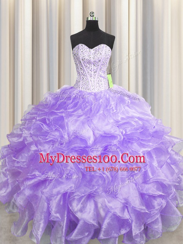 Gorgeous Visible Boning Zipper Up Floor Length Ball Gowns Sleeveless Lavender Sweet 16 Dress Zipper