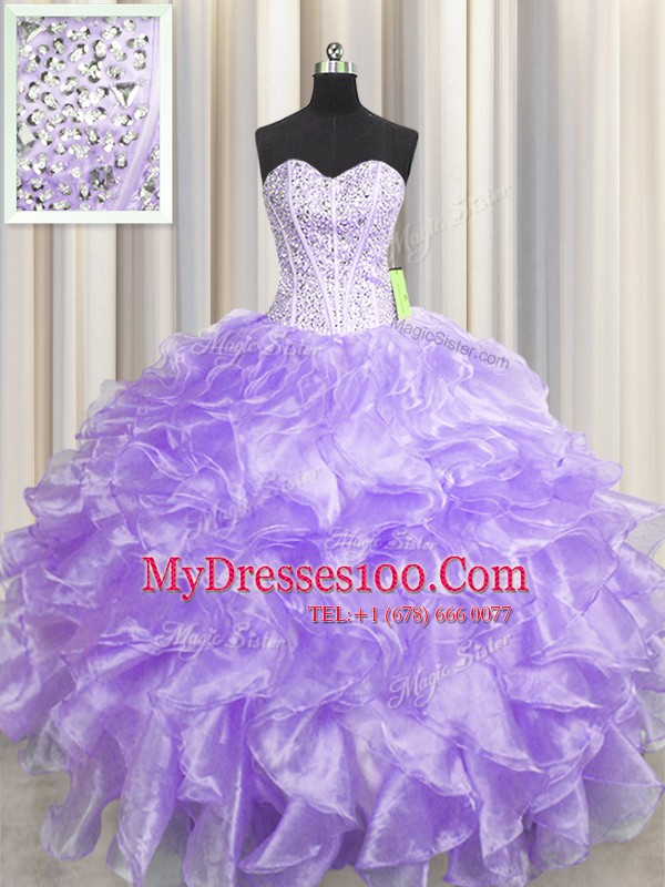 Gorgeous Visible Boning Zipper Up Floor Length Ball Gowns Sleeveless Lavender Sweet 16 Dress Zipper