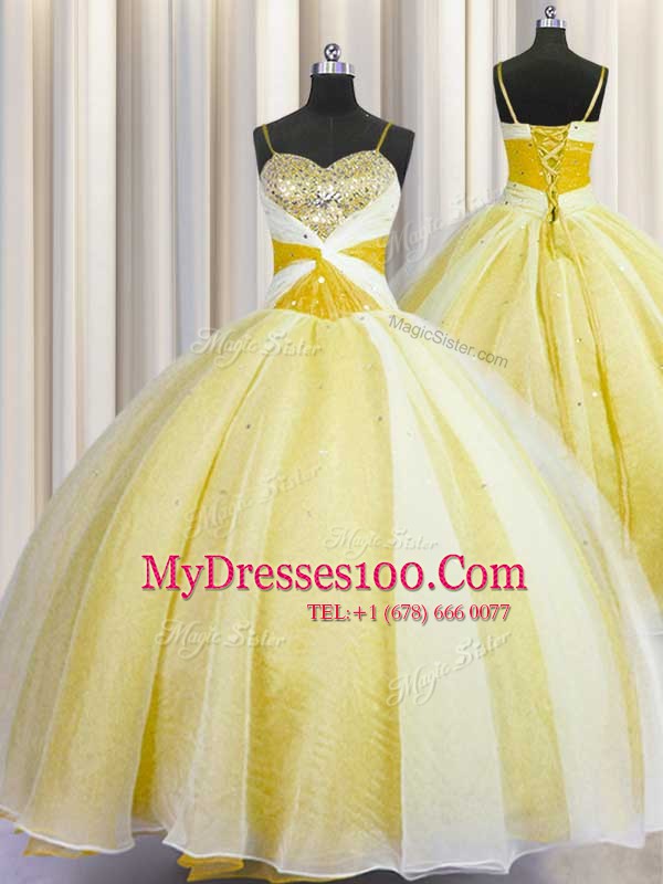 Yellow Spaghetti Straps Neckline Beading and Ruching Sweet 16 Dress Sleeveless Lace Up