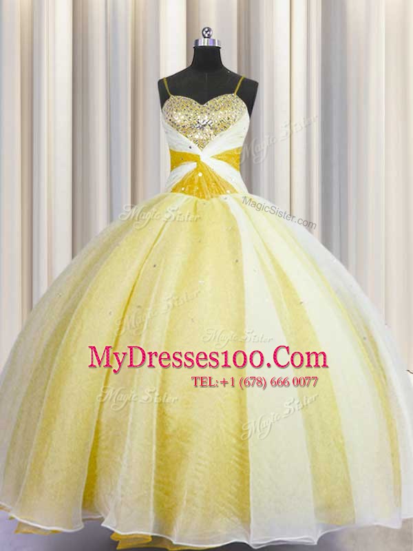 Yellow Spaghetti Straps Neckline Beading and Ruching Sweet 16 Dress Sleeveless Lace Up
