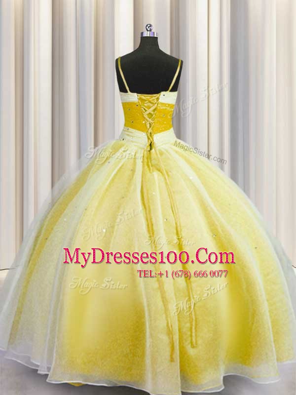 Yellow Spaghetti Straps Neckline Beading and Ruching Sweet 16 Dress Sleeveless Lace Up