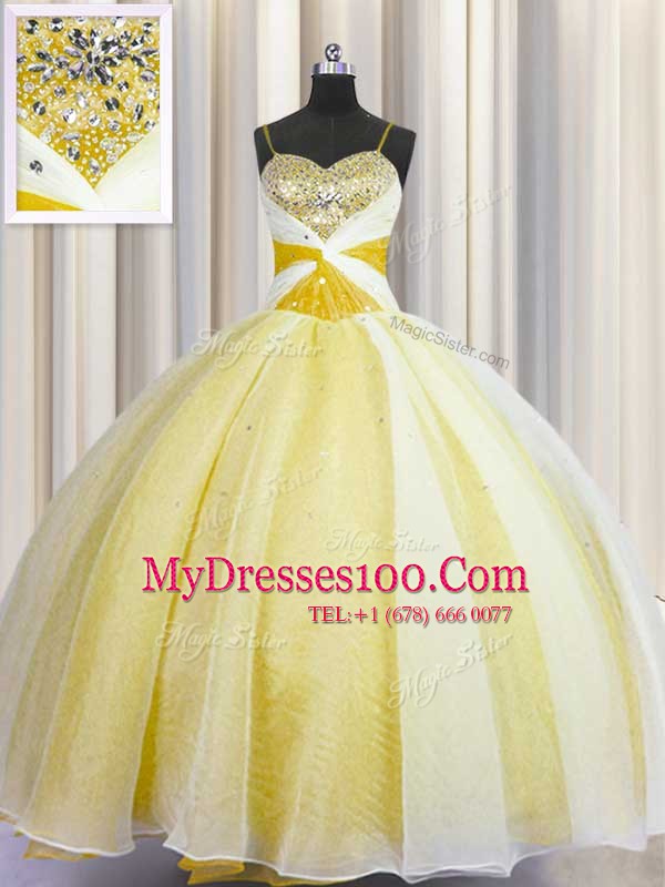 Yellow Spaghetti Straps Neckline Beading and Ruching Sweet 16 Dress Sleeveless Lace Up