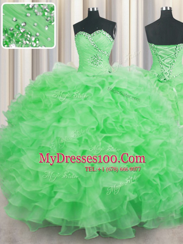 Traditional Sleeveless Floor Length Beading and Ruffles Lace Up Quinceanera Dress with
