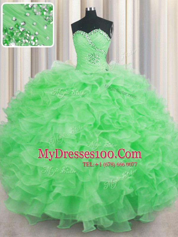 Traditional Sleeveless Floor Length Beading and Ruffles Lace Up Quinceanera Dress with