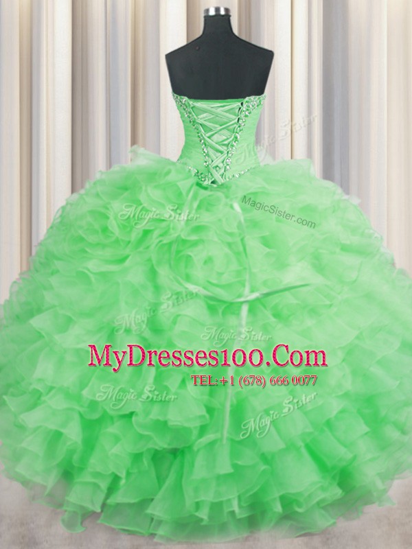 Traditional Sleeveless Floor Length Beading and Ruffles Lace Up Quinceanera Dress with