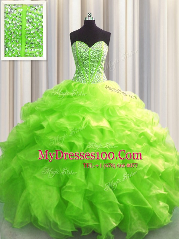 Visible Boning Organza Sweetheart Sleeveless Lace Up Beading and Ruffles Sweet 16 Dress in