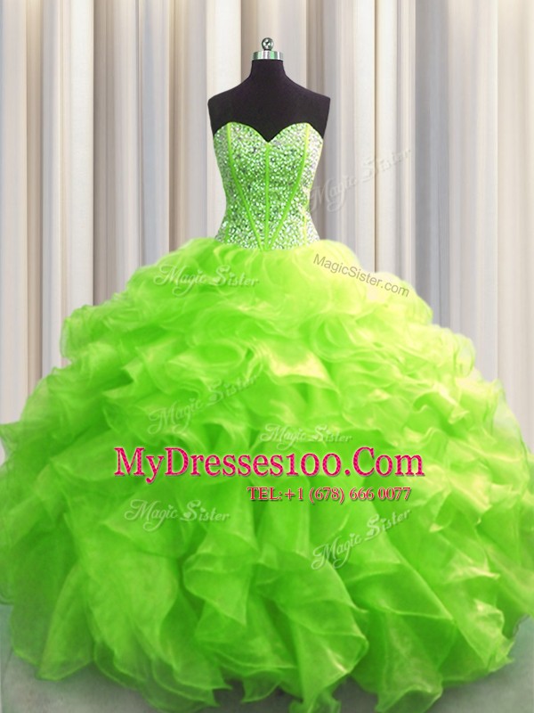 Visible Boning Organza Sweetheart Sleeveless Lace Up Beading and Ruffles Sweet 16 Dress in